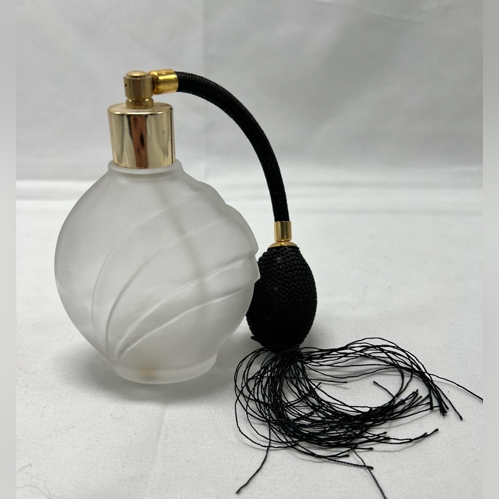Vintage Frosted Swirl Glass with Black Pump Atomizer & Gold Accents (empty)